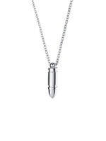 Load image into Gallery viewer, We hate guns!!   Minimalist necklace featuring delicately designed bullet pendants. Elevate your style with our necklace, perfect for daily wear and layering. Crafted from high-quality stainless steel and available in silver color.  Material: Surgical steel. 55cm in length.  | water-resistant, no-tarnishing, hypoallergenic |
